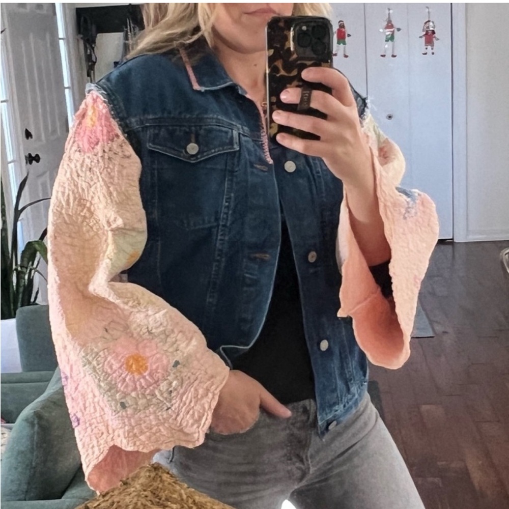 Nwt Free people x Tricia Fix Blue Denim patch work bell sleeve Jacket nwt - Picture 9 of 9